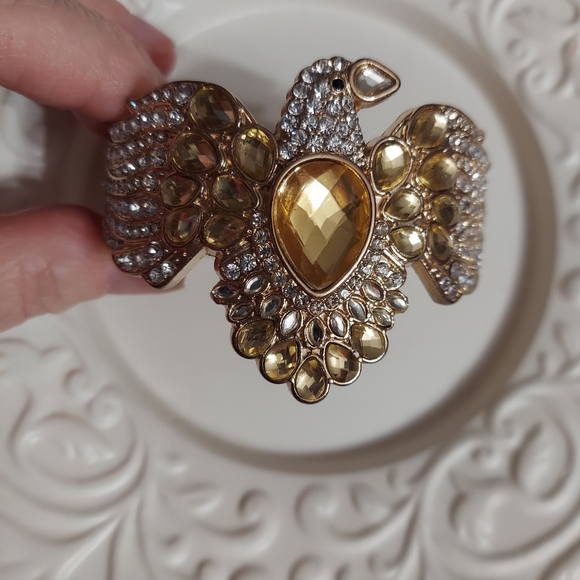 Textured Golden Eagle Hinged Cuff/Faceted Cut Crystal & Pave' Bracelet - Picture 3 of 8